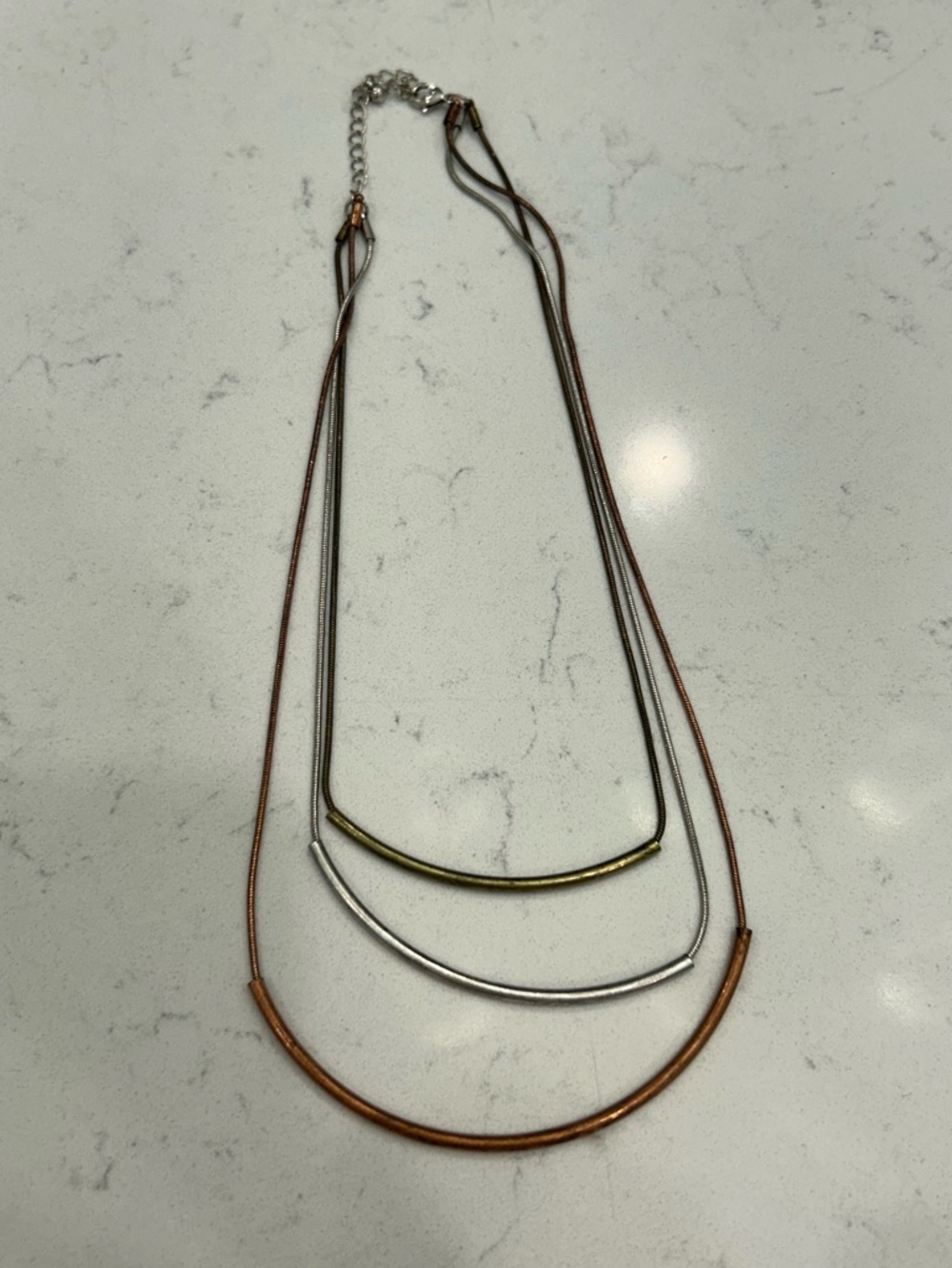 Tri-Tone Layered Bar Necklace - Copper, Silver & Gold